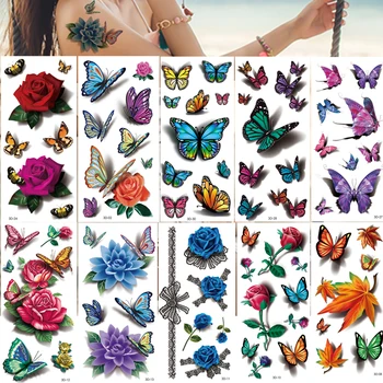 10vnt Grožio Gėlių Vandeniui Laikina Tatuiruotė Lipdukas Rose Butterfly Plunksna 