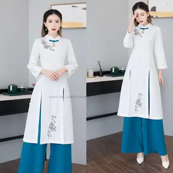 2022 aodai pagerėjo vietnamas cheongsam kinijos gėlių spausdinti suknelė+kelnės rinkiniai moteris tradicinė derliaus ao dai elegantiškas šalis suknelė