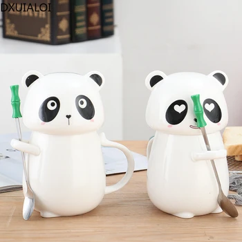 DXUIALOI Kūrybos Mielas Puodelis Keramikos Panda Didelės Talpos Vandens Puodelį Office Buitiniai Vandens Puodelis Su Dangteliu Ir Šaukšteliu Arbatos Puodelio