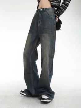 Derliaus Aukšto Juosmens Tiesiai Laisvi Džinsai Moterims, High Street Y2k Streetwear Plati Koja Plati Džinsinio Audinio Kelnės Korėjos Mopping Jean Kelnės