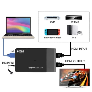 Ezcap261M USB 3.0 HDMI Video Capture Card 1080P Žaidimą Live Transliacijos Langelyje Vaizdo Įrašą, skirtą XBOX Jungiklis PS4 PC HDMI Linijos Mikrofono Įvestis