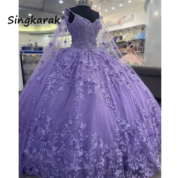 Levandų 3D Gėlės Quinceanera Suknelės 2023 Su Atsiskyrusiu Žaliojo Kamuolys Suknelė Princesė Appliques Saldus 16 Suknelė Vestidos De 15 Años