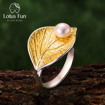 Lotus Įdomus Nekilnojamojo 925 Sterlingas Sidabro spalvos Natūralių Perlų 18K Aukso Lapų Žiedas Bauda Papuošalų Kūrybos Dizaineris Atidaryti Žiedai Moterims Bijoux