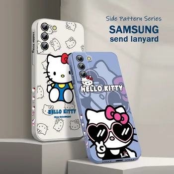 Mielas Anime Hello Kitty Telefono dėklas Samsung Galaxy S21 S22 S20 FE S10 20 Pastaba 10 Ultra Lite Plius Skystis Kairėje Virvę Dangtis