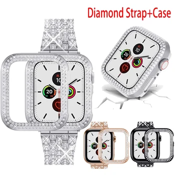 Moterų Diamond Atveju+Diržu, Apple Watch Band 7 6 41mm 45mm 38/42/40/44mm Metalo Apyrankė iWatch Serijos SE 3 Juvelyriniai dirbiniai Padengti