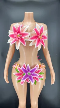Moterų Šokėja Rodyti Ruožas Etape Kostiumas Apranga Seksualus Spalvinga Didelių Gėlių Skaidrus Bikini Suknelė Vakare Prom Šalies Biniki Rinkinys