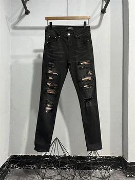 Nauji vyriški džinsai mados vyras plauti naikina juoda dėmelė ruožas kankina džinsus su skyle vyrų high street slim džinsinio audinio kelnės 841