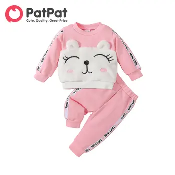 PatPat 2vnt Baby Girl Rausvos spalvos, ilgomis rankovėmis 3D Ausis Fuzzy Palaidinukė ir Sweatpants Rinkinys