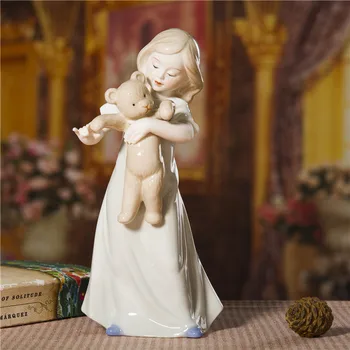 Porceliano Mergina ir Meškiukas Statuette Keraminės Lėlės Statulėlės Amatų Ornamentu Reikmenys Gimtadienio Dovana ir Kambario Puošmena
