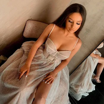 Putojantis China Vakaro Suknelės Ilgio-Line Brangioji Spageti Dirželis Seksualus Padalinta Šampano Prom Dress 