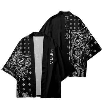 Streetwear Vyrų Megztinis Cosplay Marškinėliai Mados Anakardžių Gėlių Spausdinti Juodas Kimono Japonų Harajuku Tradicinės Samurajų Haori