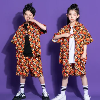 Vaikas Kpop Hip-Hop Drabužių Liepsna Spausdinti Negabaritinių Marškinėliai trumpomis Rankovėmis Viršuje Vasaros Šortai Girl Berniukas Džiazo Šokio Kostiumų Drabužiai
