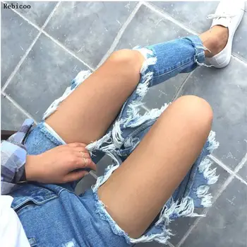 Vasarą Didelių Skylių Džinsai Moterims BF Stiliaus Ripped Jeans Medvilnės Džinsinio audinio Kelnės 6 spalvų