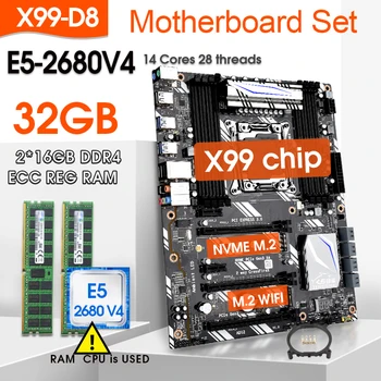 X99 F8 D8 Plokštė rinkinys su Xeon E5 2680 V4 LGA2011-3 2.4 GHZ CPU 2vnt X 16 GB =32GB 2400MHz DDR4 atmintis M. 2 WIFI interfac