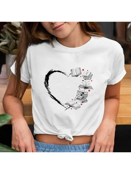 Širdies su Knygų Spausdinimo Moterų Estetinės Harajuku T-shirt Mokyklos Skaitymo Atsitiktinis Trumpas Rankovės Streetwear T Marškiniai, Moterų Topai Tees