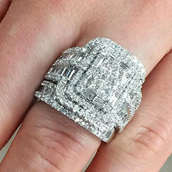 Žavesio Moterų White Crystal Akmens Žiedas Nustatyti Prabangius Didelis Sidabro Spalvos Vestuvių Žiedai Moterims Senovinių Vestuvių Aikštėje Sužadėtuvių Žiedai